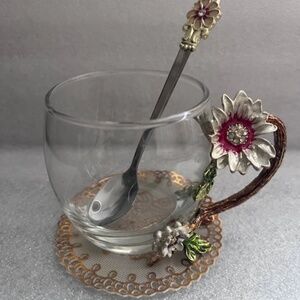 Enamel Sunflower Crystal Lead-Free Glass Tea Cup with Spoon Set, Nice Present